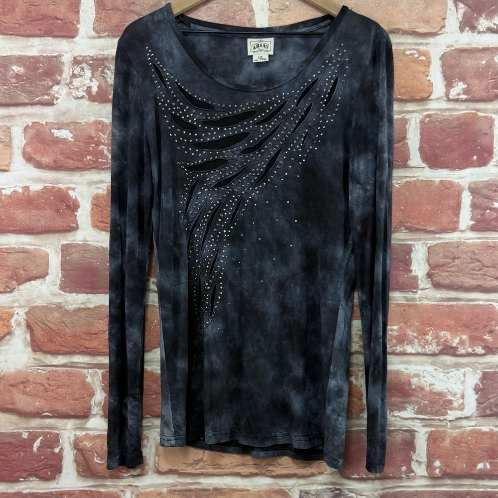 Ariat T Shirt Womens L Gray Tie Dye Abstract Rhinestone Sparkly Boho Western Top
